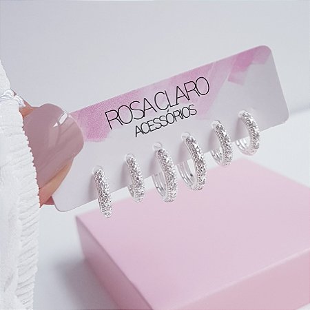Trio Argolas Cliques com Detalhes Zirconia Prata 925
