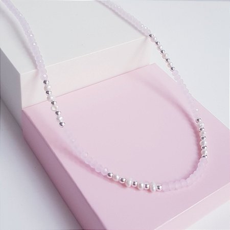 Choker Cristais Rosa e Pérola Prata 925