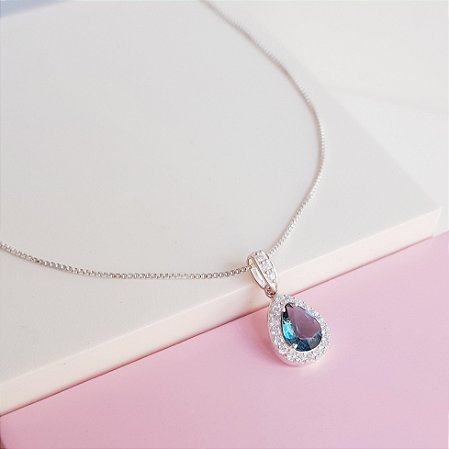 Colar com Pingente Azul London com Borda Cravejada Prata 925