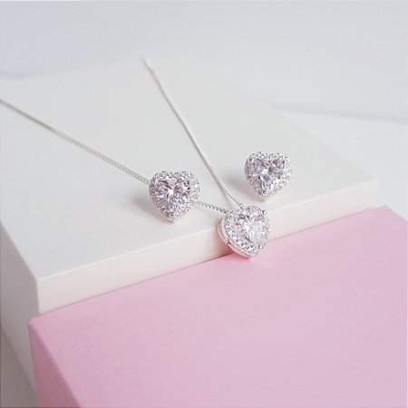 Conjunto Colar e Brincos Coração Ponto de Luz Cravejado Zirconia Prata 925