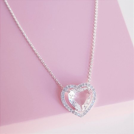Colar Elos com Pingente Zirconia Coração Prata 925