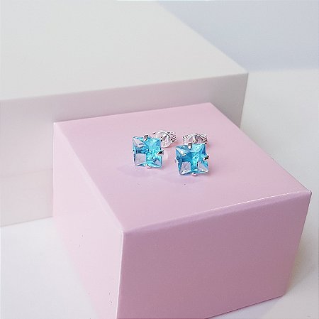 Brinco Ponto de Luz Zirconia Quadrada Azul Claro Prata 925