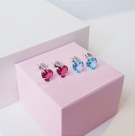 Kit de Brincos Ponto de Luz Zirconia Azul e Rosê Prata 925