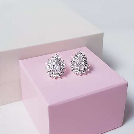 Brinco Zirconia Gota com Borda Cravejada Prata 925