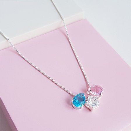 Colar 3 Pingentes Gota e Estrela Prata 925