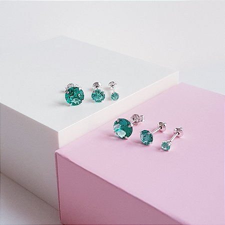 Trio de Brincos Ponto de Luz Zirconias Verde Prata 925
