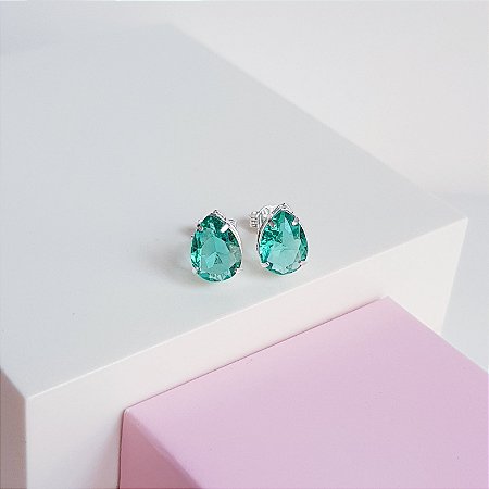 Brinco Ponto de Luz Zirconia Gota Verde Prata 925
