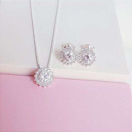 Conjunto Colar e Brincos Ponto de Luz Cravejado Prata 925