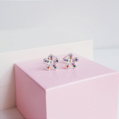 Brinco Flor Detalhes Zirconias Coloridas Prata 925