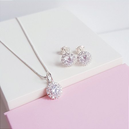 Conjunto Colar e Brincos Ponto de Luz Cravejado Prata 925