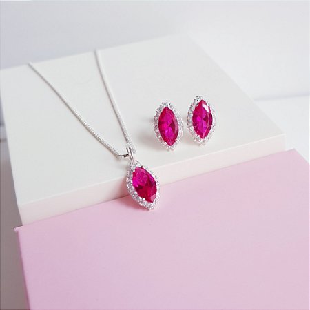 Conjunto Colar e Brincos Zirconia Navete Rosê Cravejado Prata 925