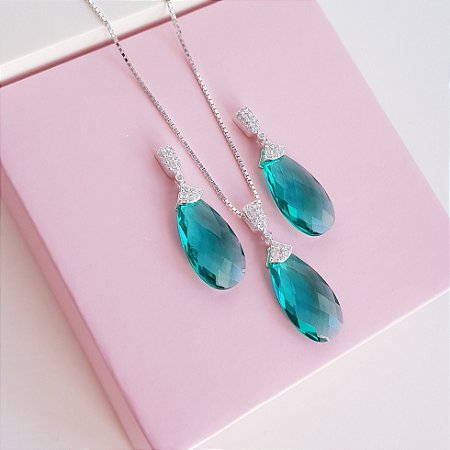 Conjunto Colar e Brincos Zirconia Verde Prata 925