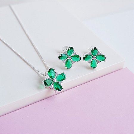 Conjunto Colar e Brincos Zirconias Verde Prata 925