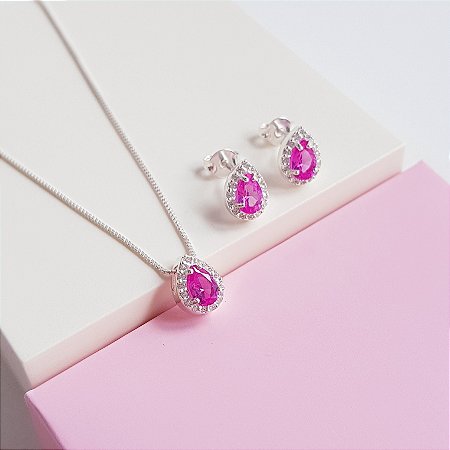 Conjunto Colar e Brincos Zirconia Rosa Pink Prata 925