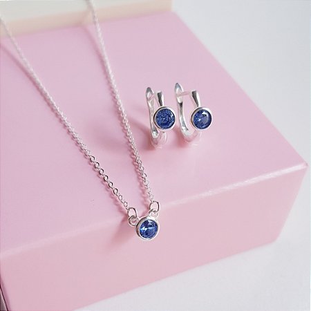 Conjunto Colar e Brincos Zirconia Azul London Prata 925