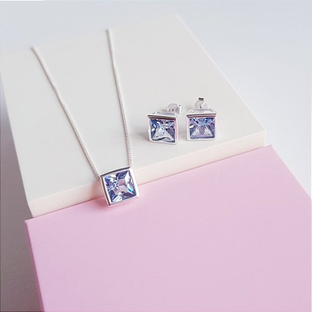Conjunto Colar e Brincos Zirconia Quadrada Azul London Prata 925