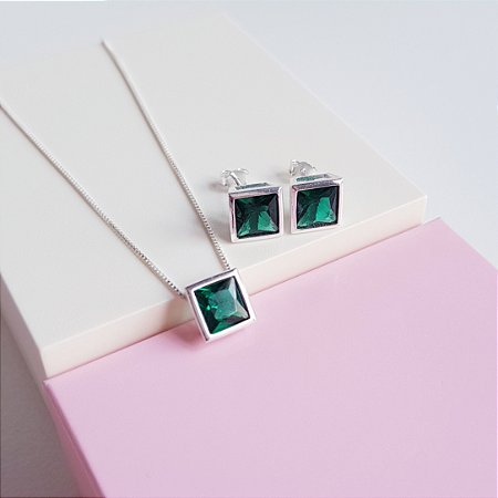 Conjunto Colar e Brincos Zirconia Quadrada Verde Esmeralda Prata 925