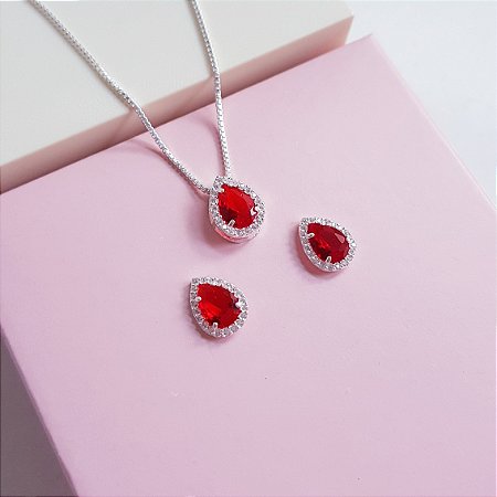 Conjunto Colar e Brincos Gota Vermelha Cravejada Prata 925