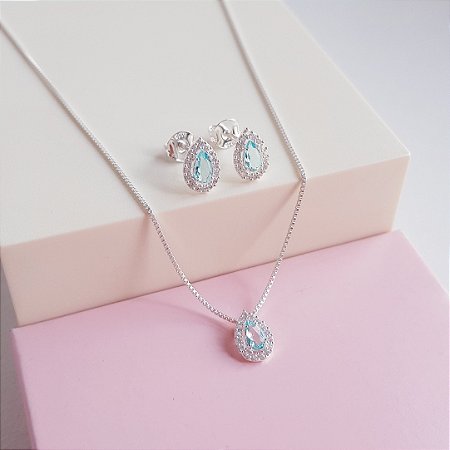 Conjunto Colar e Brincos Delicados Zirconia Gota Azul Claro Cravejado Prata 925