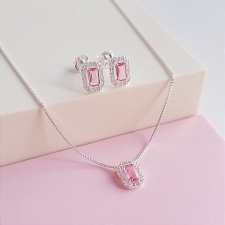 Conjunto Colar e Brincos Delicados Zirconia Retangular Rosa Claro Cravejado Prata 925