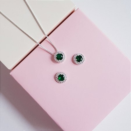 Conjunto de Joias Ponto de luz Zirconia Verde Redonda Cravejado Prata 925