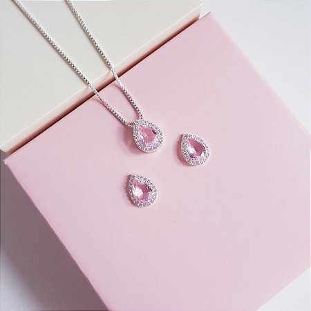 Conjunto de Joias Zirconia Gota Rosa Claro Prata 925