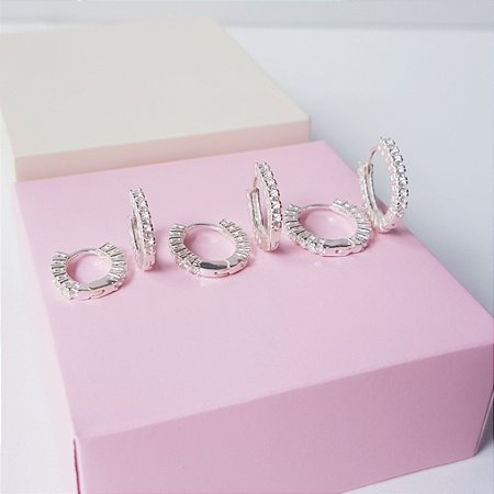 Trio Argolas Clique Cravejado Completo Prata 925