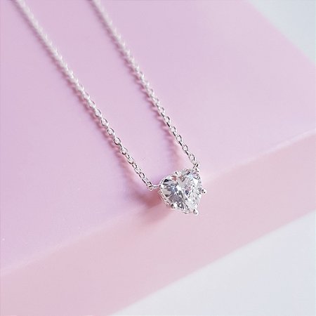 Colar Mini Elos Pingente Zirconia Coração Prata 925