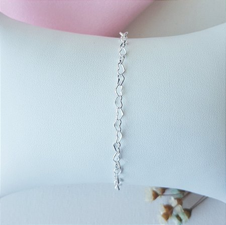 Pulseira de Elos de Coração em Prata 925