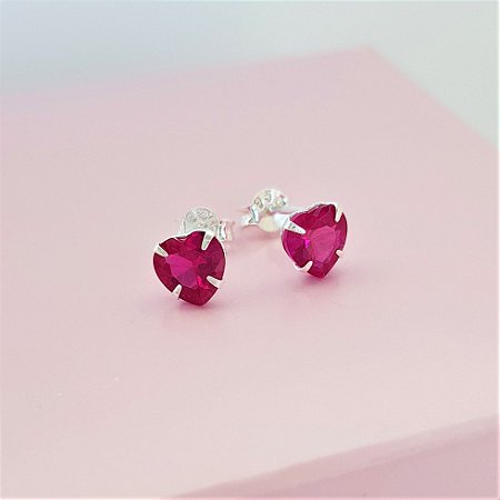 Brinco Coração Zirconia Vermelho Rosê Prata 925