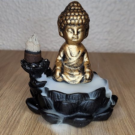 Incensário Cascata Buda na Flor de Lótus Dourado