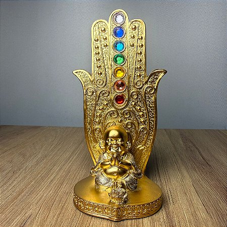 Incensário Mão de Hamsá Buda Meditando Dourado