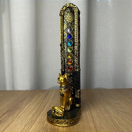 Incensário Sete Chakras Gato Egípcio Dourado