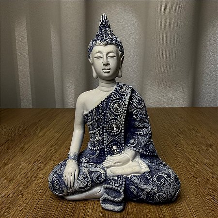 Buda Meditando Branco e Azul
