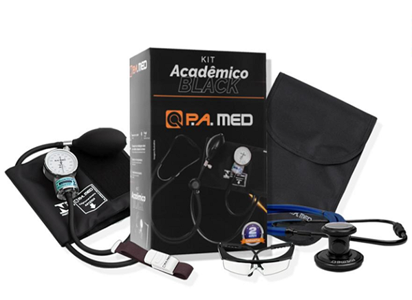 Kit acadêmico Total Black (esfigmonamômetro + estetoscópio + bolsa + óculos de proteção + garrote) - PA Med