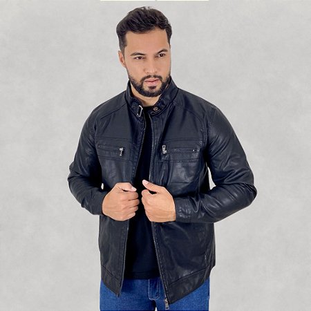 Jaqueta Masculina PU Couro Sintético Casaco Com Zíper Casual