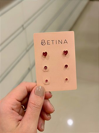 Trio Zircônias Coração e Redondas Fúcsia 6mm 4mm 3mm