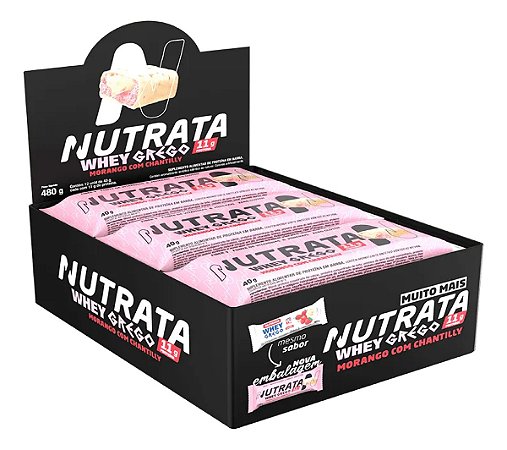 Whey Grego Bar 12un De 40g Morango Com Chantilly Nutrata