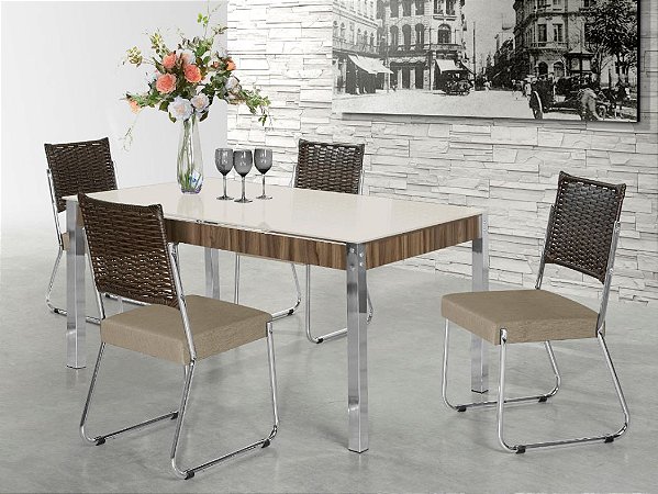 Conjunto de Mesa 4 Cadeiras Formato Cromada 1,20X0,80 com vidro off white e  tecido bege - ATACADÃO DOS ELETROS