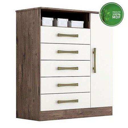 Cômoda 5 Gavetas 1 Porta Madri 100% MDF Café/ Off White - ACP MÒVEIS