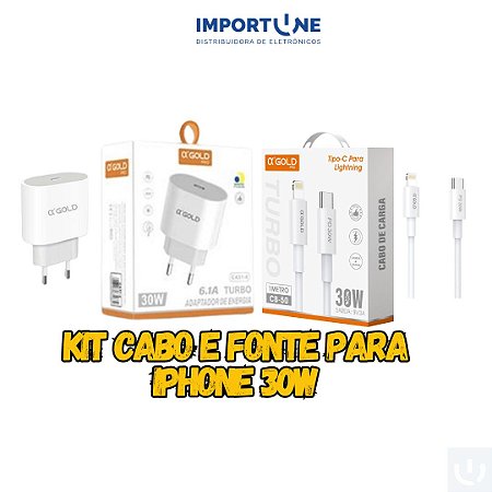 KIT FONTE E CABO A'GOLD IPHONE 30W TIPO C