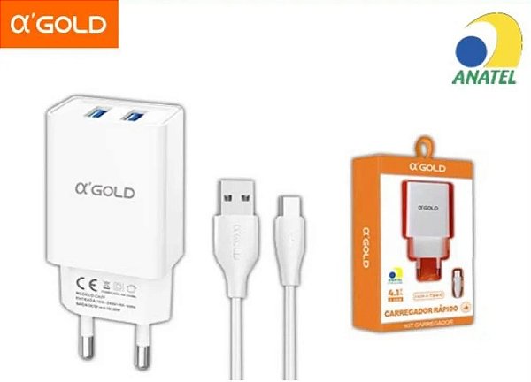 CARREGADOR DE CELULAR A'GOLD TIPO C COM 2 USB MOD. CA28-3