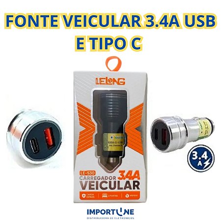 FONTE VEICULAR LELONG USB E TIPO C 12/24V 3.4A LE-530