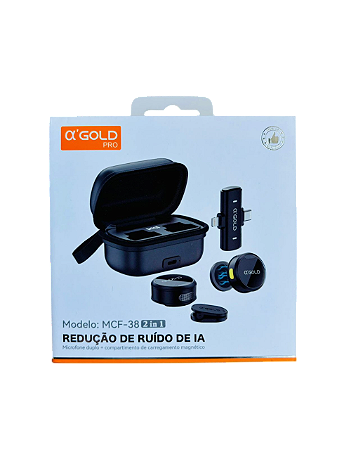 MICROFONE DE LAPELA A'GOLD SEM FIO DUPLO CASE CARREGADORA DIGITAL MCF-38