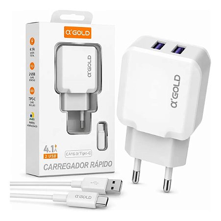 CARREGADOR DE CELULAR A'GOLD TIPO C COM 2 USB 4.1A MOD. CA16-3