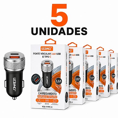 KIT 5 FONTE VEICULAR LELONG USB E TIPO C 12/24V 3.4A LE-530