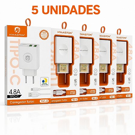 KIT 5 CARREGADOR DE CELULAR H'MASTON PRO 4.8A TIPO C MOD: Y61-3