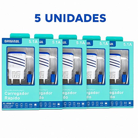 KIT 5 CARREGADOR DE CELULAR ALTOMEX SMART C/ 2 USB 5.1A TIPO C AL-9006-TY