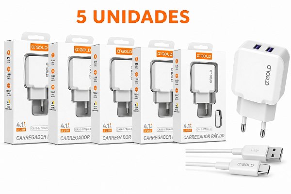 KIT 5 CARREGADOR DE CELULAR A'GOLD IPHONE COM 2 USB 4.1A MOD. CA16-2
