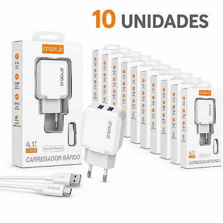 KIT 10 CARREGADOR DE CELULAR A'GOLD IPHONE COM 2 USB 4.1A MOD. CA16-2